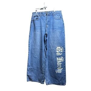 Ed Hardy Mens Wide Leg Baggy Blue Denim Jeans Tattoo Graphic Born Free Size 32